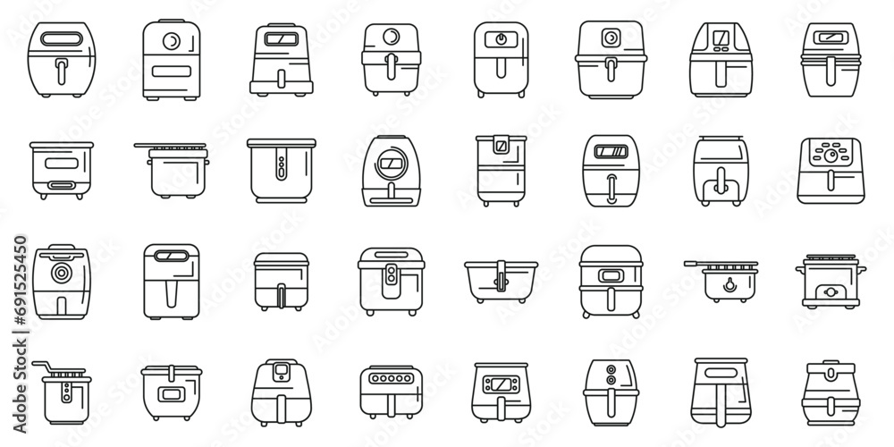Air fryer icons set outline vector. Fry bakery cook. Healthy chip food Air fryer icons set outline vector. Fry bakery cook. Healthy chip food