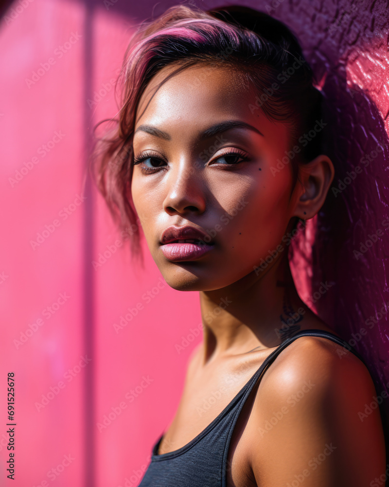 Fototapeta premium Young diverse woman against a vibrant colored wall