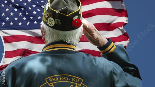 Retired veterans saluting in front of the American flag, the US