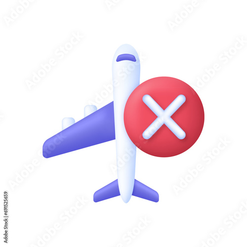 3D Incorrect airplane icon. Canceled flight. Rejected. Flight transport symbol. Travel concept