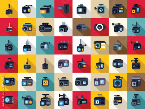 Camera go pro icons set flat vector. Action camera. Cam web hero