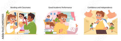 New at school set. Shared moments of learning bloom into friendships and self-assurance at school. Getting high grades, appreciation from peers and classmates. Flat vector illustration