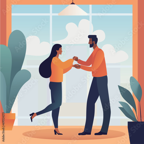 A couple of man and woman dancing in a room in front of window. Flat design illustration, no face