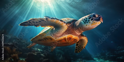 Sea turtle multicolored deep underwater is sunny rays. Ocean life, wildlife. Conservation species and population