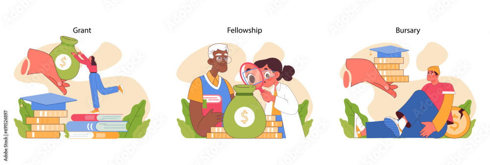 Scholarship types set. Exploring various financial aid forms for scholars and students. Grant, fellowship, and bursary differences. Educational investment for bright futures. Flat vector illustration