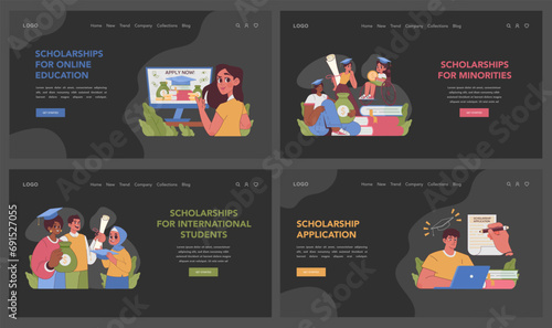 Scholarship diversity set. People of various ethnicities and ages getting financial aid. Empowering education for minorities, online learners and global students. Accessible academic funding.