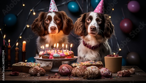 Dogs sitting in front of a birthday cake © progressman