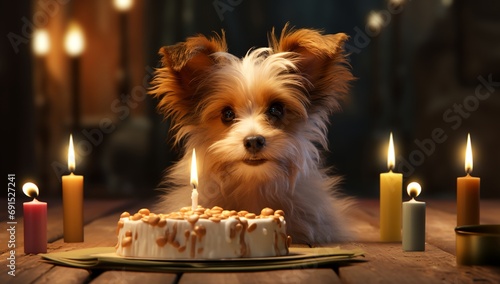 A dog sits in front of a birthday cake © progressman