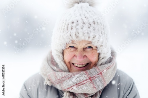 Elderly woman happy in winter snow with copyspace.