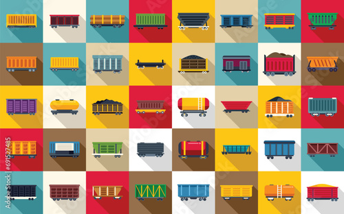 Train freight wagons icons set flat vector. Diesel side. Locomotive auto cargo