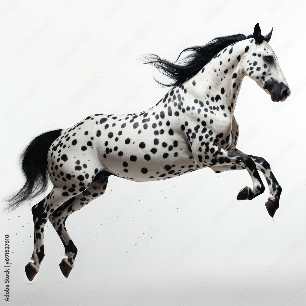 White horse with black spots runs briskly