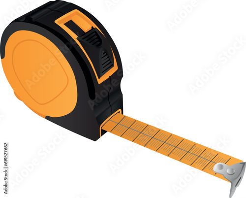 A construction tape measure in orange and black