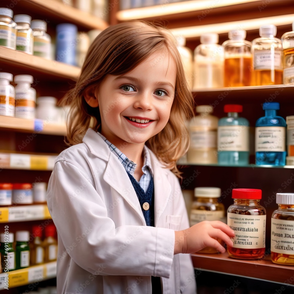 Young child pharmacist, smiling and confident, working in pharmacy