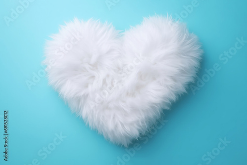 A fluffy white fur heart shape with a soft texture on baby blue minimal background