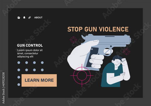 Gun control dark or night mode set. Second amendment ban. Weapon regulations law movement. Firearm violence. Mass shooting in public places and school. Flat vector illustration