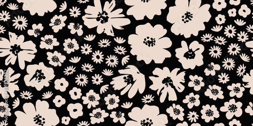 Flower seamless background. Minimalistic abstract floral pattern. Modern print in black and white background. Ideal for textile design, wallpaper, covers, cards, invitations and posters. photo