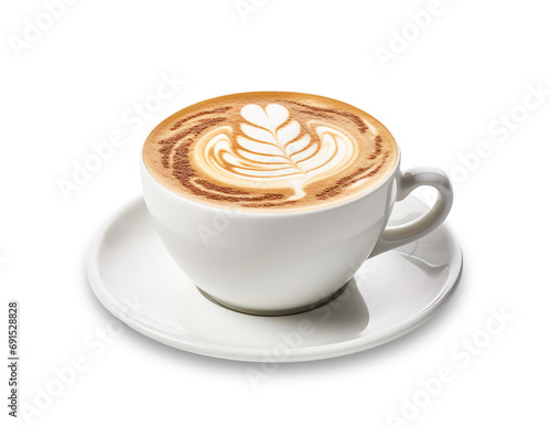 A cup of coffee with latte art isolated on white background