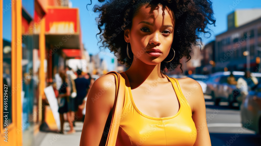 Black woman with curly hair on a cityscape