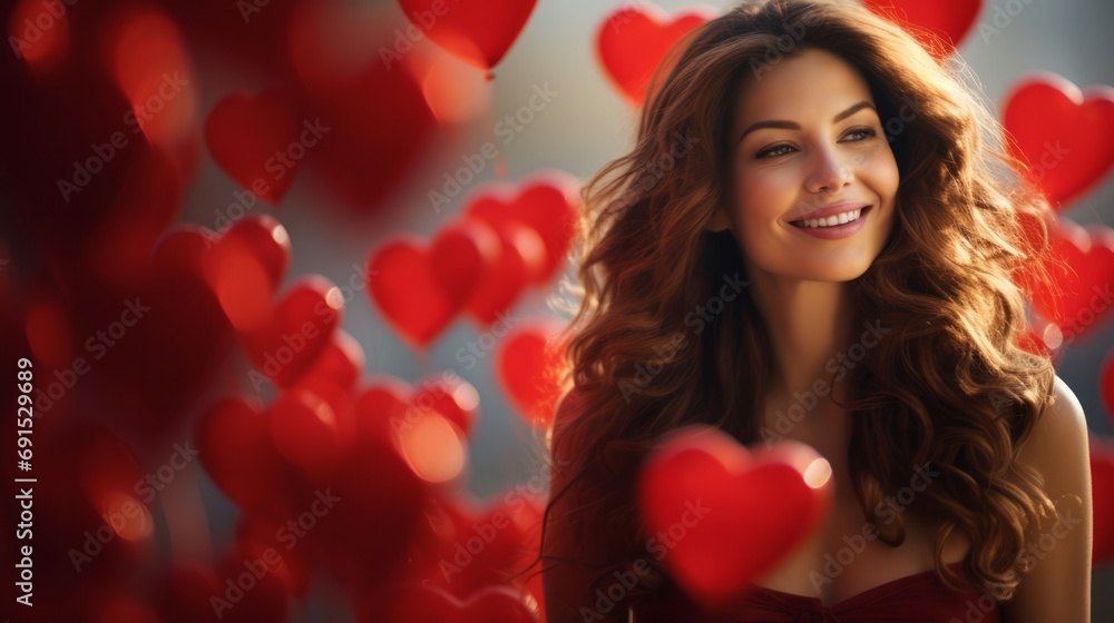 Happy yound and beautiful woman with heart-shaped red baloons Happy yound and beautiful woman with heart-shaped red baloons