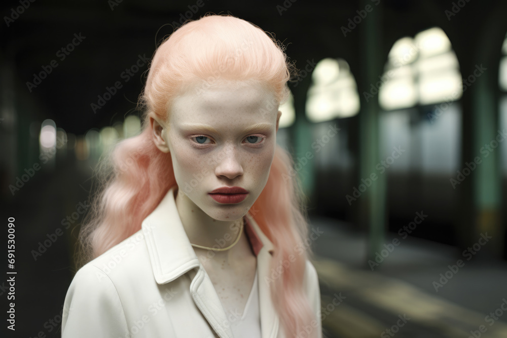 Albino woman portrait with a city scene background Albino woman portrait with a city scene background