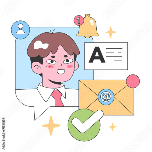 Digital notification concept. Man with webpage elements, new email alert, user profile, and approved tick. Online communication and updates. Flat vector illustration.