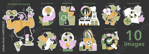 Circular Economy set. Sustainable living, innovative recycling concepts. Eco-friendly resource management, waste reduction. Flat vector illustration