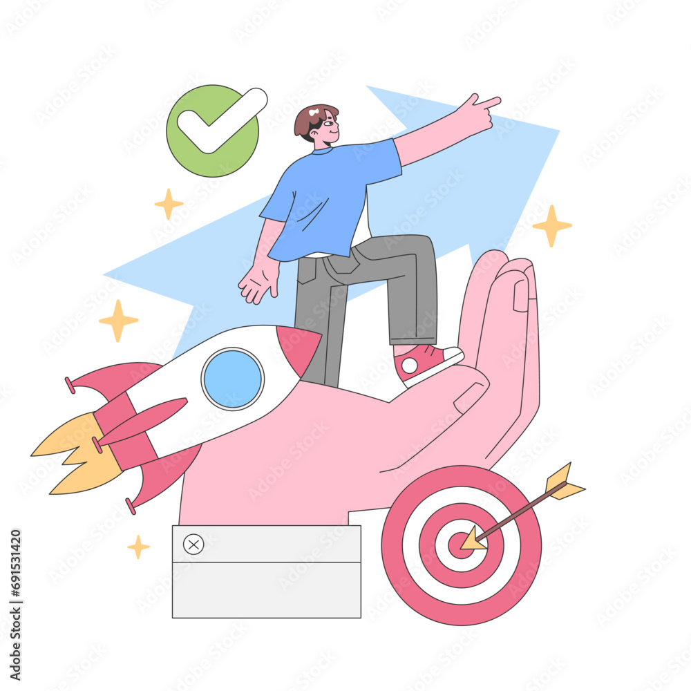 Achievement concept. Man atop a rocket pointing forward, signifying direction and growth, surrounded by stars and a target hit perfectly. Ambition, goal reached. Flat vector illustration.