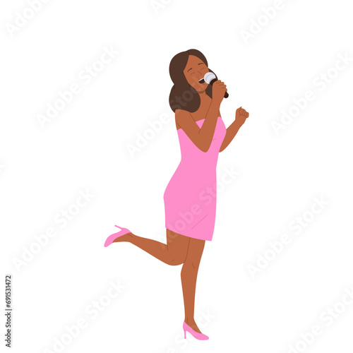 Beautiful woman cartoon character in elegant dress singing in microphone vector illustration