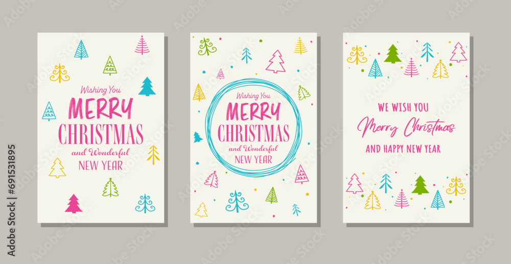 Hand drawn Christmas greeting card set with trees. Vector illustration Hand drawn Christmas greeting card set with trees. Vector illustration