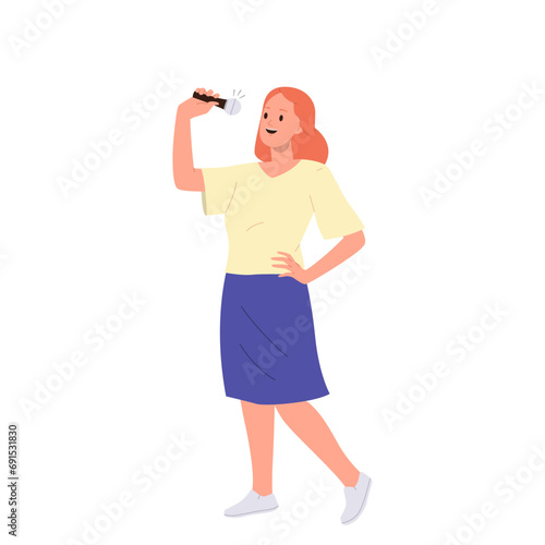 Young pretty talented woman singer performing with microphone vector illustration isolated on white
