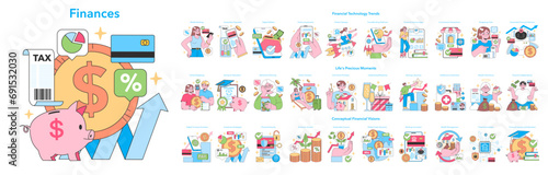 Finances big set. Personal finance: budgeting, savings and investment. Modern banking technology, digital wallet management. Financial literacy and independence. Flat vector illustration