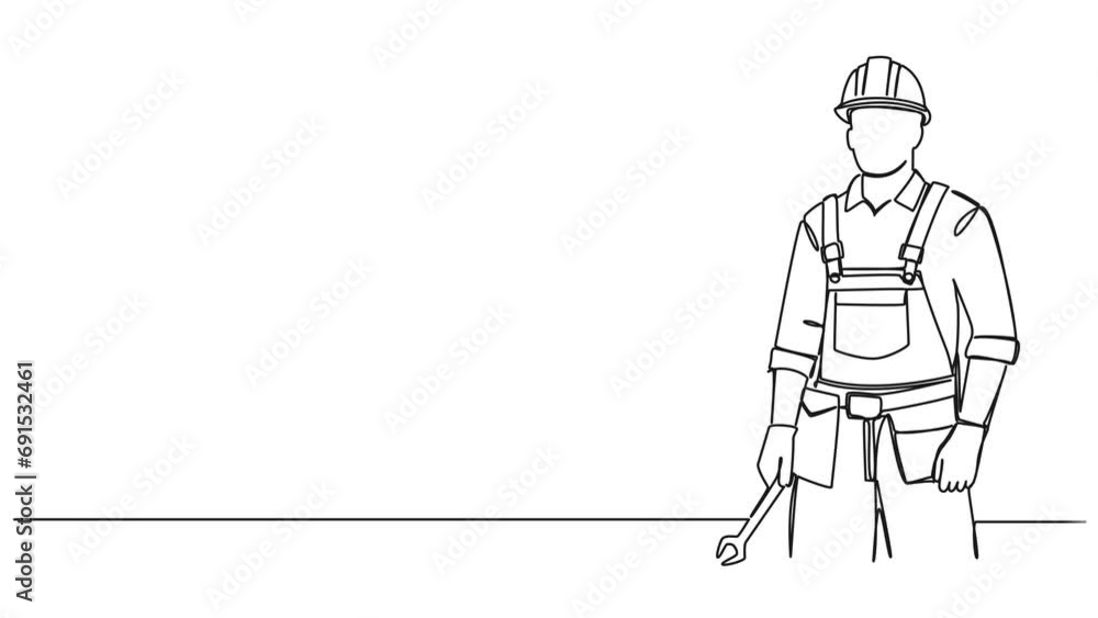 animated continuous single line drawing of construction worker wearing hard hat and holding wrench, line art animation animated continuous single line drawing of construction worker wearing hard hat and holding wrench, line art animation