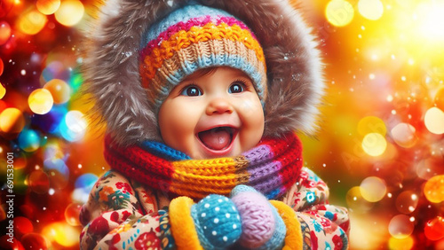 A joyful baby, bundled up in a colorful winter, cinematic, 4k, 3d