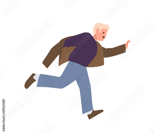 Overworked stressed man freelancer character getting dressed on go rushing running fast being late