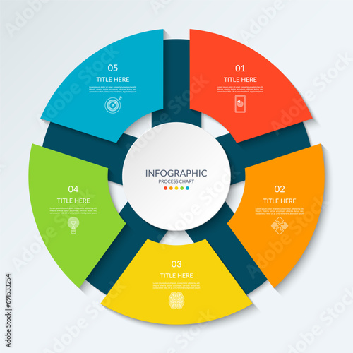 Infographic circle with 5 options, parts. 5-step cycle diagram for business infographics. Process chart, vector template for presentation, report, brochure, web, data visualization.
