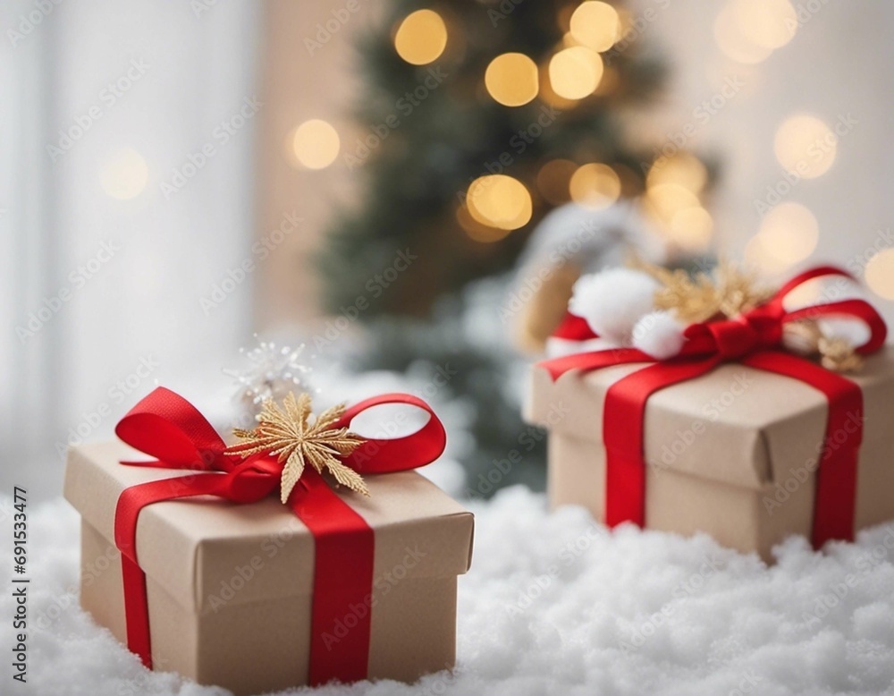 Festive indoor Christmas decoration with lights and ornaments. Christmas gifts 