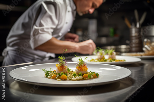 Gourmet dish prepared in the kitchen of a high-end restaurant. photo