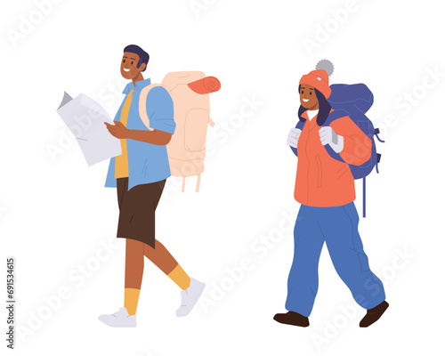 Man traveler wearing summer clothes and woman hiker dressed in winter outfit isolated flat set