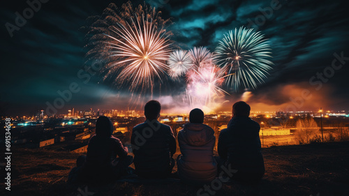 Firework explosion in the night sky celebrating happy new year 2024 . National firework shooting in the beautiful sky for a new year day of year 2024 .