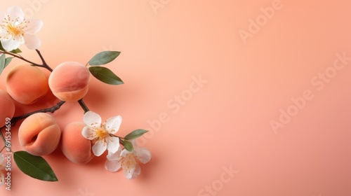 Peach Fuzz Blossoms and Fruit on Pastel Background.