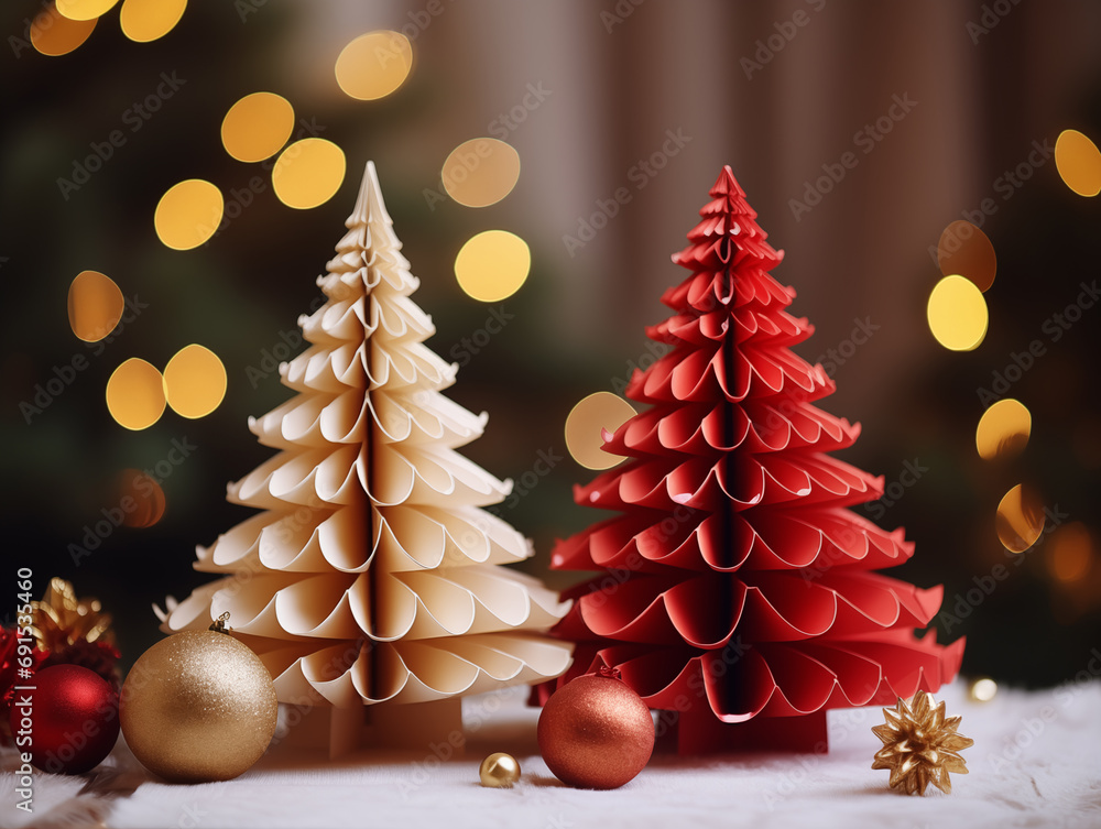 Homemade paper decorations in the form of Christmas trees for Christmas, the bokeh effect. Handmade, winter, holidays, photorealism.