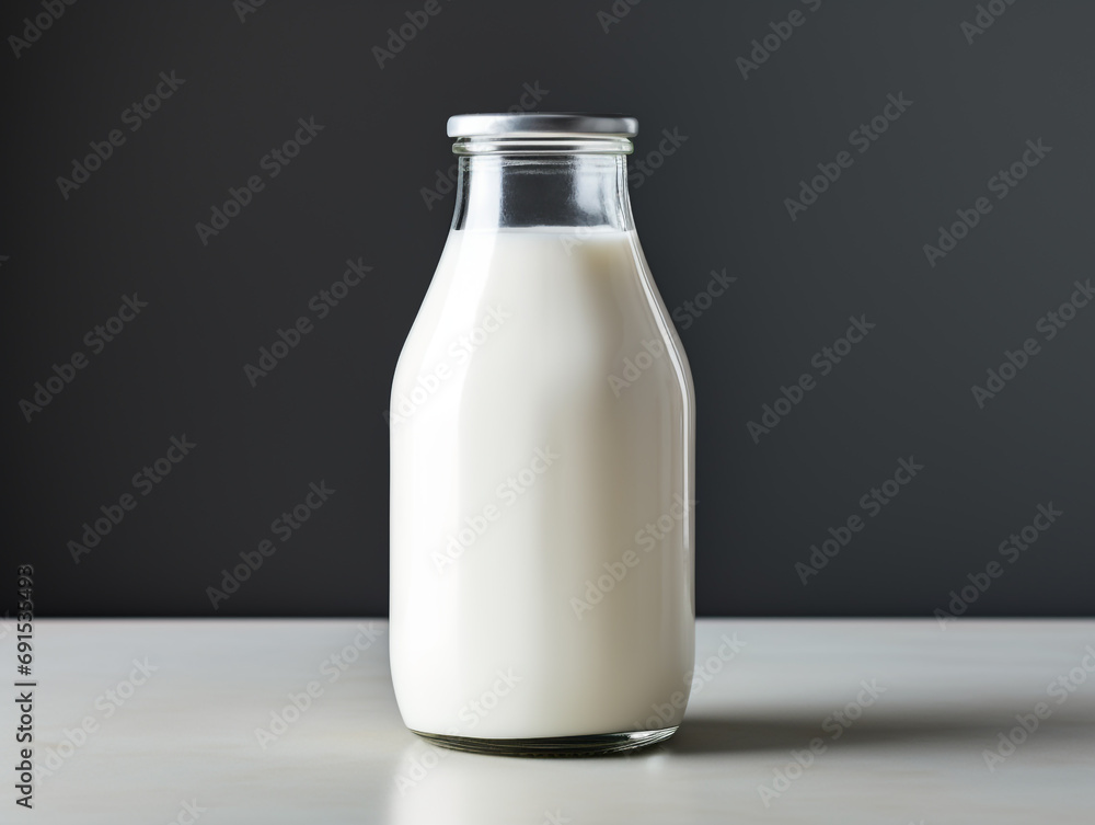 A bottle of milk, isolated on a white background. Minimalist setting. A bottle of milk, isolated on a white background. Minimalist setting.