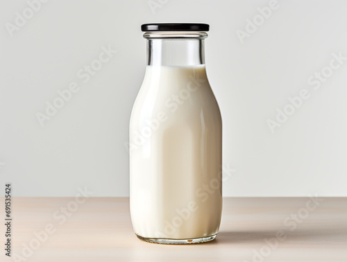 A bottle of milk, isolated on a white background. Minimalist setting.  