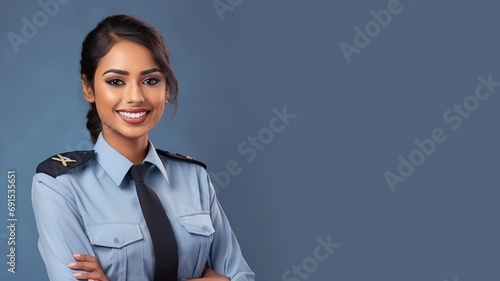 Indian woman in air force uniform smile isolated on pastel background photo