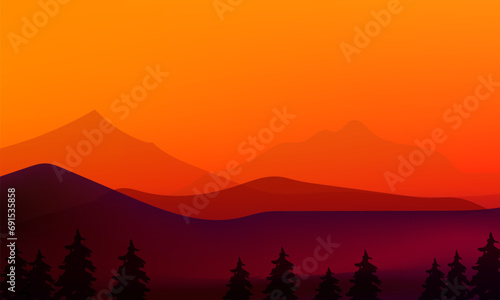 Black purple orange yellow gradient Sunset sky with silhouette tree, grass background illustration.
