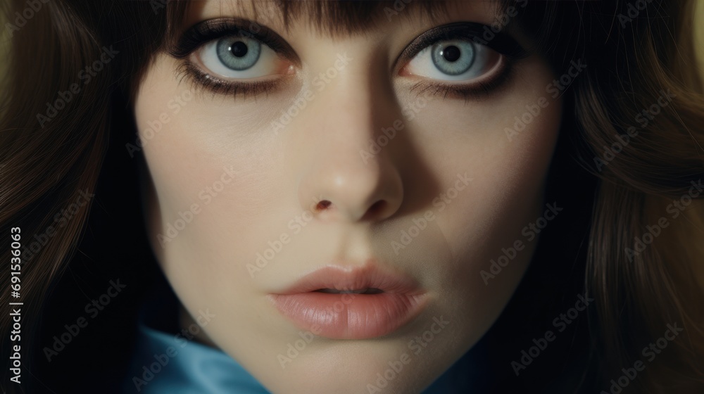 Beautiful Brunette Woman in the Pale Classic Blue Eyes Style - Retro 60s and 70s Fashion Background - Iconic Aesthetic Nostalgic Vintage Brown Hair Girl Wallpaper created with Generative AI Technology