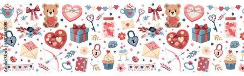 Valentines Day vector seamless border. Romantic love elements. Valentine's day cute illustrations. Decorative love elements for festive design. Isolated on white background