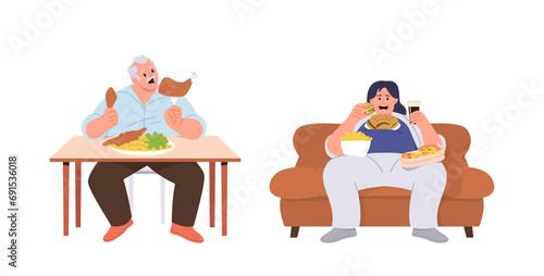 Plump overweight people characters suffering from eating disorders, gluttony and food addiction