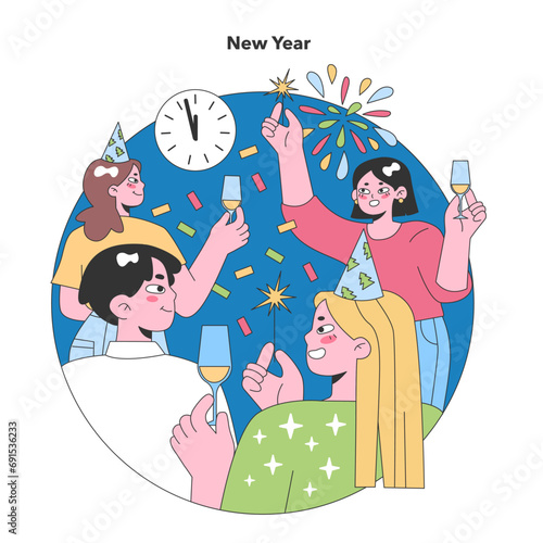 New Year's Eve. Joyful group toasting to the countdown with sparklers and champagne, welcoming the year ahead. Flat vector illustration.