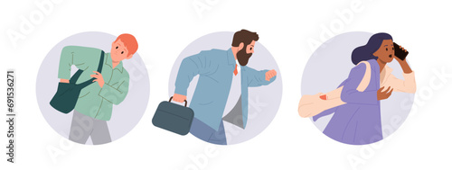 Isolated round composition of busy stressed emotional people being late having deadline failure